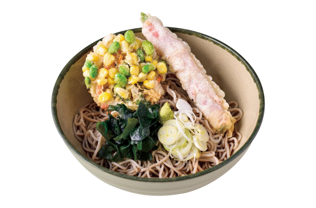 「アスパラベーコン巻き天と枝豆コーンのミニかき揚げ天(そば・うどん)」